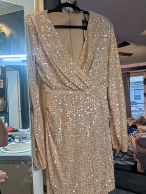 Fashion Nova Champagne Gold Sequin Long Sleeve Dress